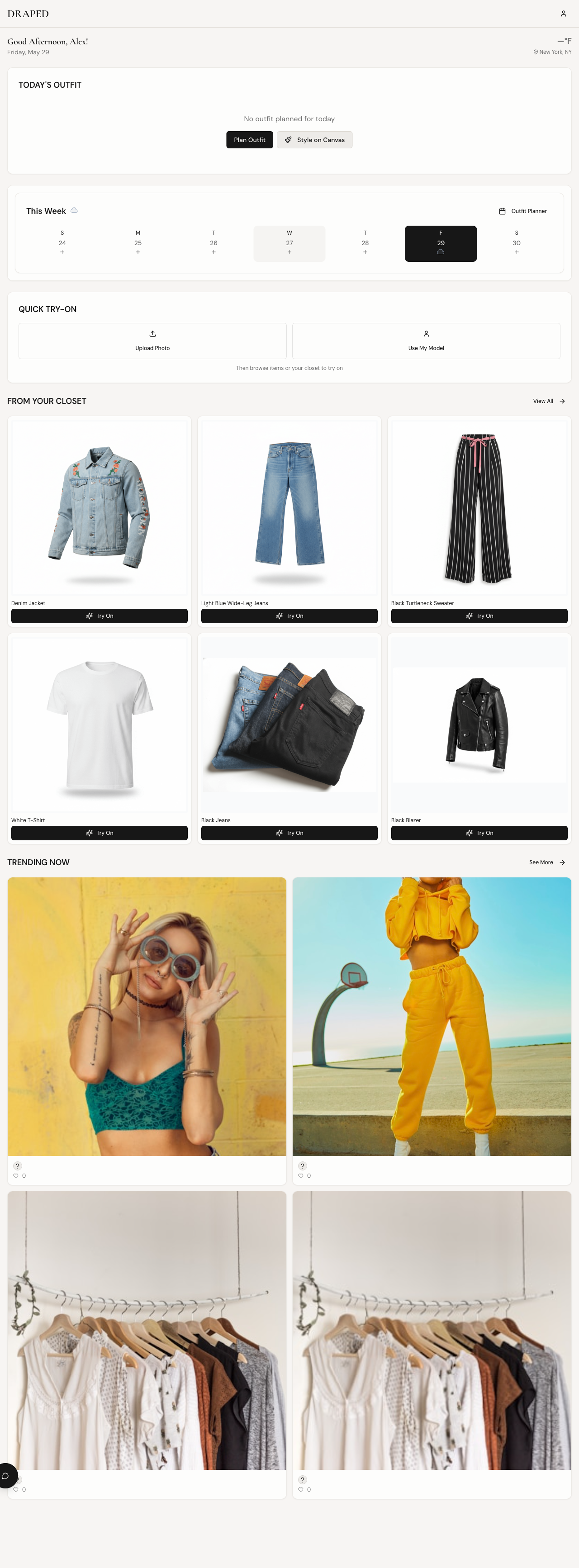 The Savi home screen: today's outfit, this week's planner, and closet items ready to try on.