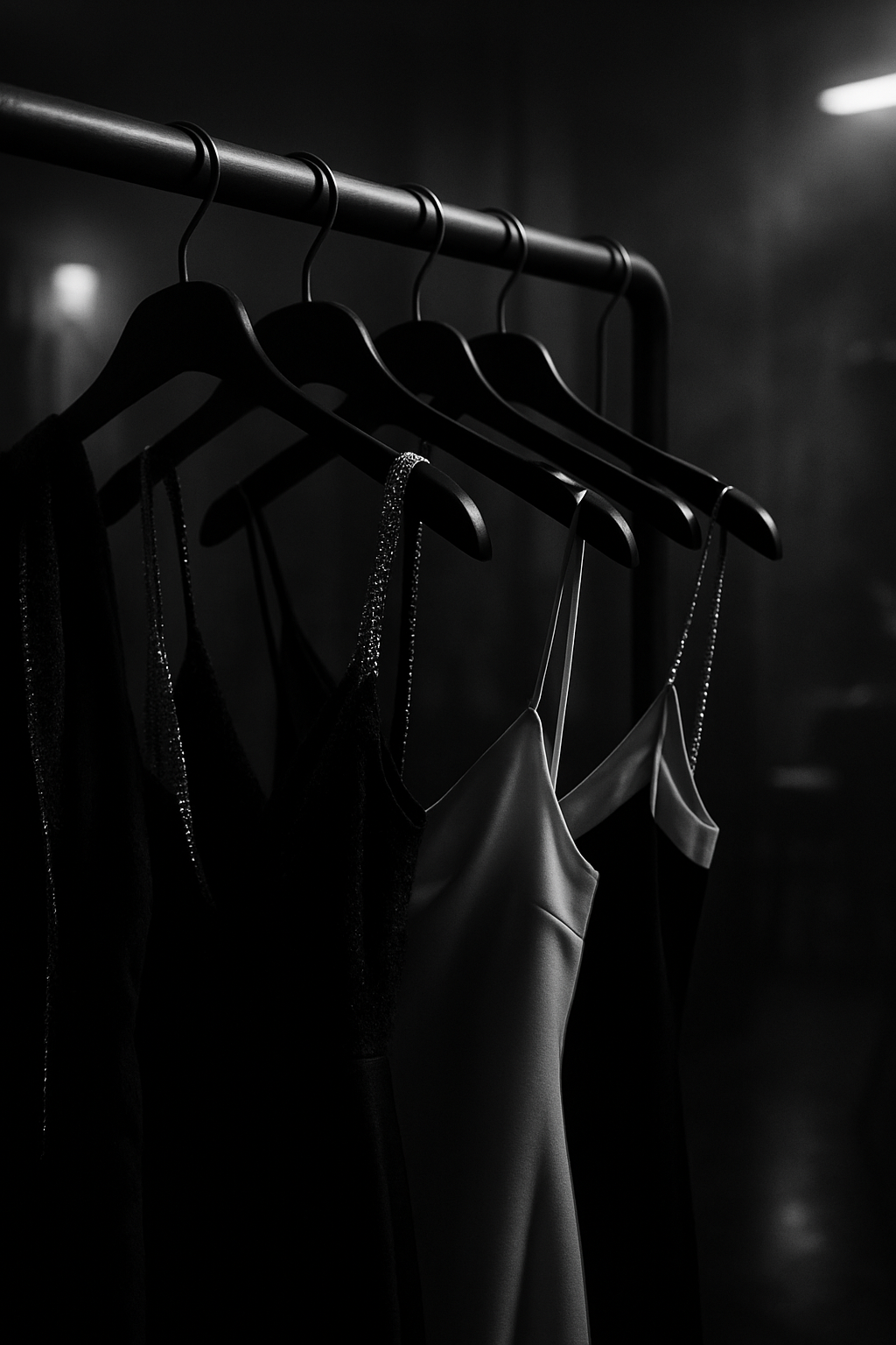 Dresses hanging on a rail in low light — the closet you already own.