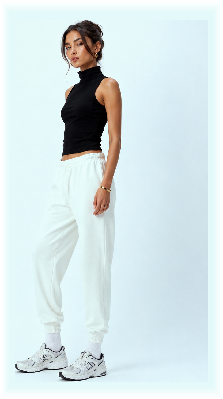 A Savi virtual try-on render: a black sleeveless turtleneck, white joggers, and sneakers on a plain background.